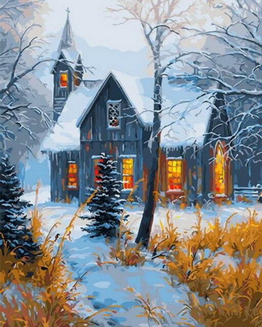 Wooden Cabin In Snow - Paint By Number - Painting By Numbers