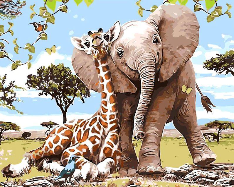 Elephant Giraffe Friendship - DIY Paint By Numbers - Modern Paint