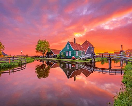 Cottage Reflection Sunset paint by number