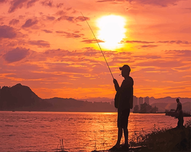 fishing sunset painting