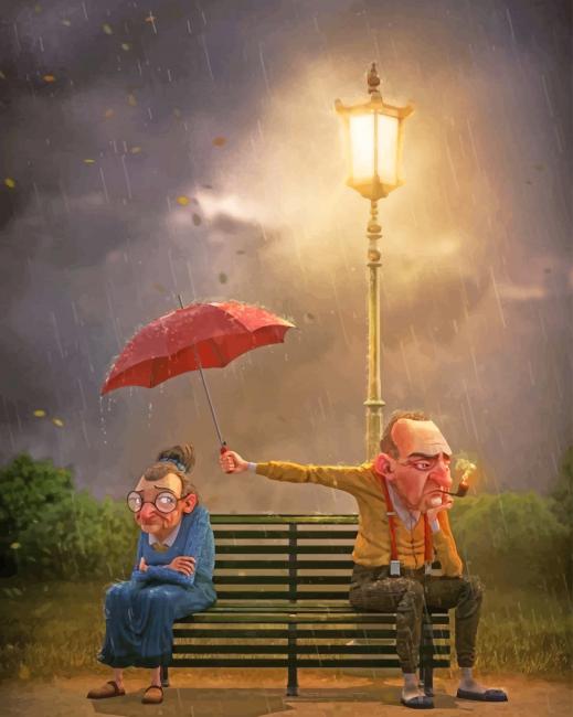 Cartoon Old Couple In Rain - Paint By Numbers - Modern Paint by numbers
