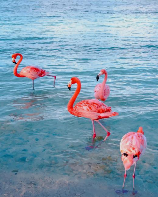 Flamingos In Beach - Birds Paint By Numbers - Painting By Numbers