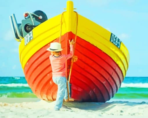 Boy Climbing Fishing Boat paint by numbers