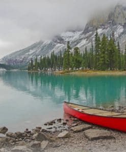 Canada Parks Mountains Lake Coast with Red Boat Jaspe paint by numbers