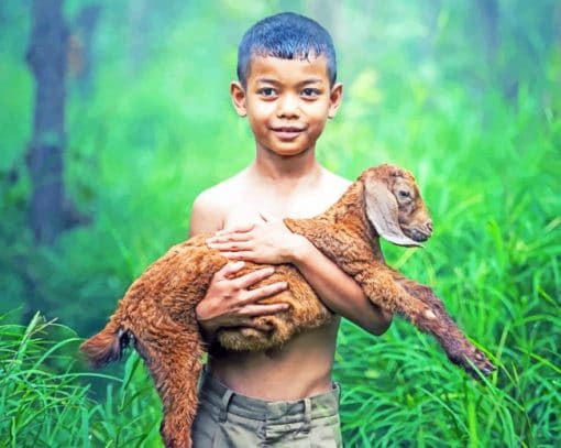 Boy In Thailand Holding Little Sheep paint by numbers
