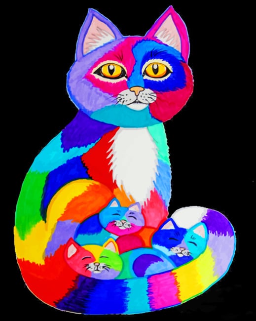 Colorful Cat With Kittens paint by numbers
