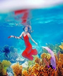 Girl With Red Dress Under Water paint by numbers