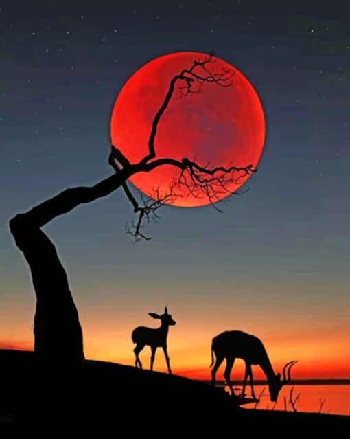 Red Moon With Deer Silhouette paint by numbers