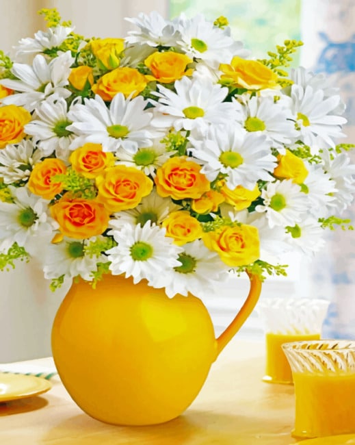 White And Yellow Flowers In Vase paint By Numbers