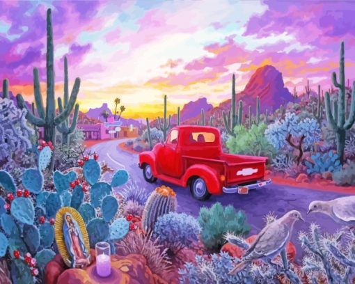 Red Truck In Succulent Desert paint by numbers