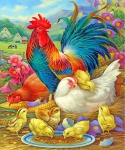 Roosters And Chicks Birds Paint by numbers