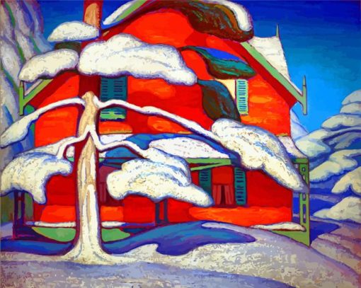 Pine Tree And Red House Winter paint by numbers