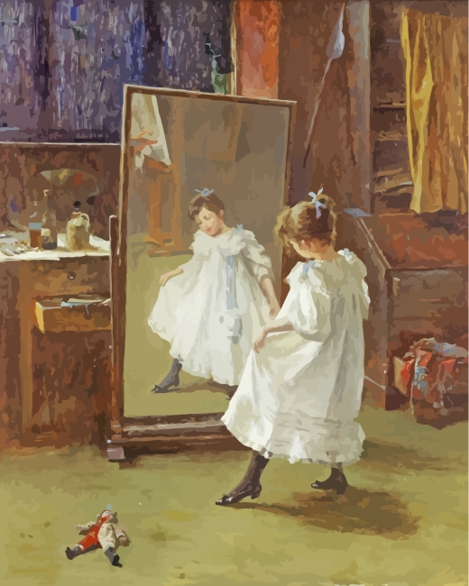 Little Girl Looking To Mirror - Paint By Number - Painting By Numbers