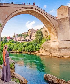 Woman Contemplating Mostar Bridge Bosnia paint by numbers