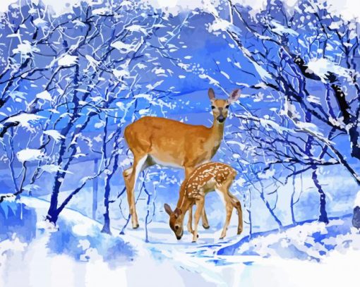 Doe And Her Fawn Winter Scene paint by numbers