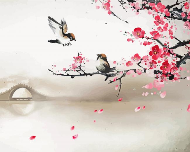 Two Birds And Cherry Blossom - Paint By Number - Painting By Numbers
