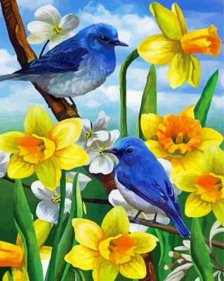 Blue Birds And Daffodils paint by numbers