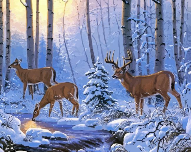Deer By The Winter Stream Paint By Number