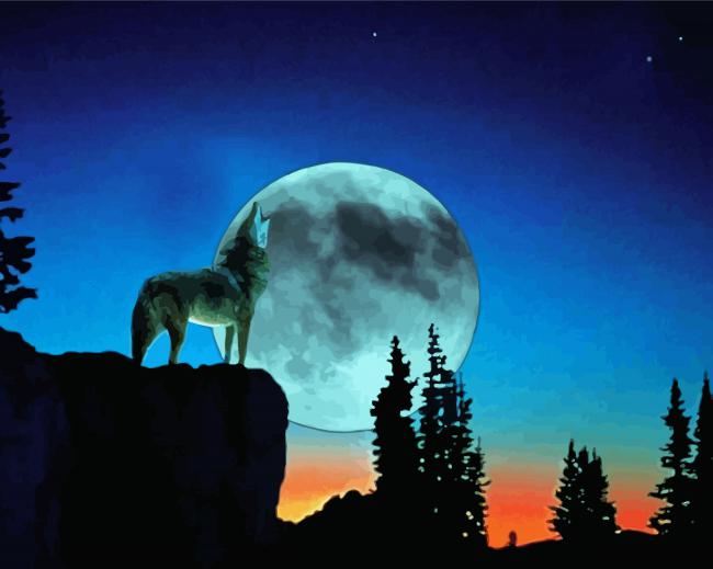 Aesthetic Ful Moon With Howling Wolf paint by numbers