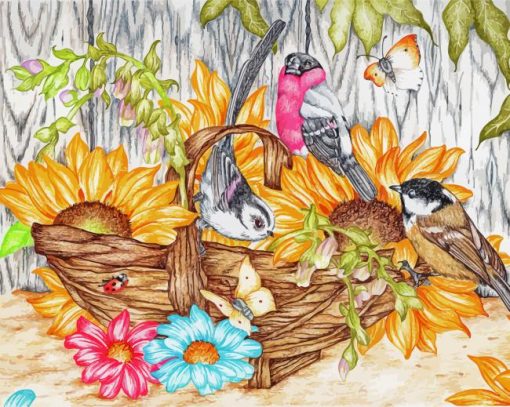 birds and basket of flowers paint by numbers