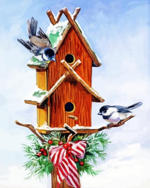 Christmas Birdhouse Snow paint by numbers