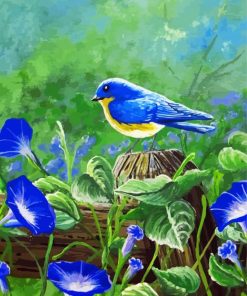 Morning Glories Blue Birds And Daffodils paint by numbers