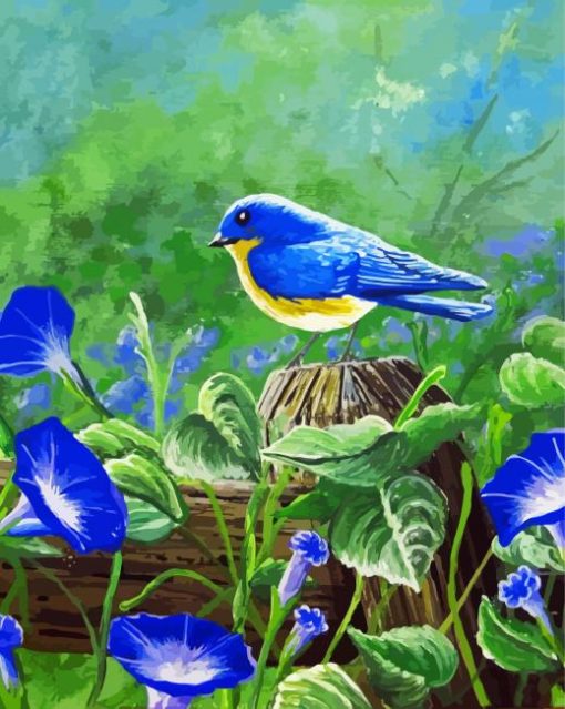 Morning Glories Blue Birds And Daffodils paint by numbers
