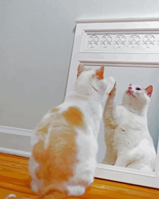 White Cat Playing With Mirror Reflection paint by numbers