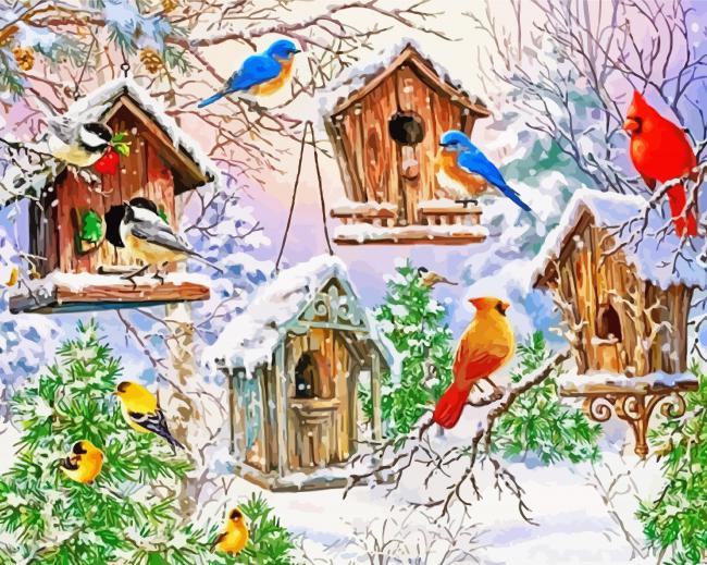 Winter Birdhouses Christmas paint by numbers