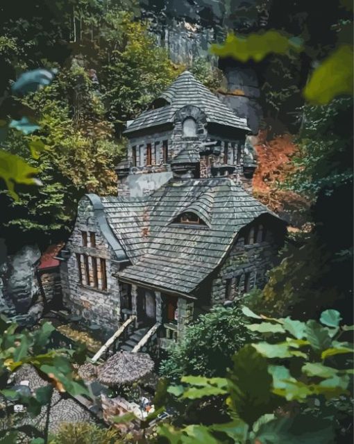 Dark cottage in the forest paint by number