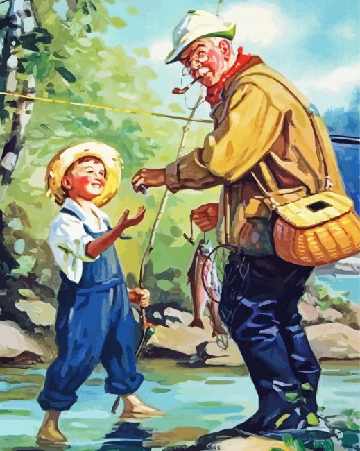 Vintage Grandpa Fishing With Grandson paint by numbers