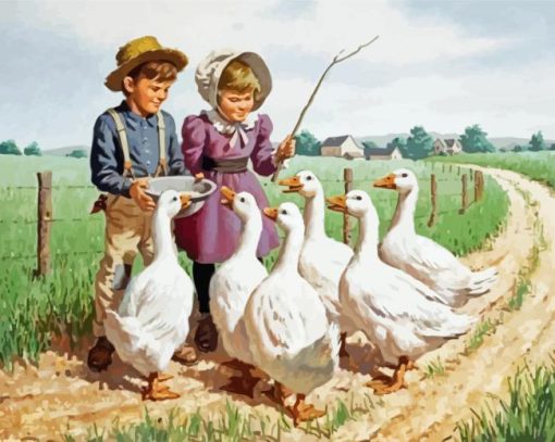 Boy And Girl And Ducks Road paint by numbers