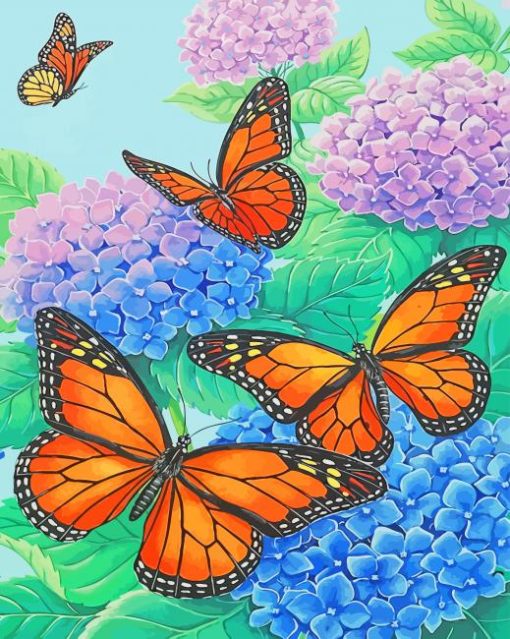 Monarch Butterflies And Blue Flowers Paint By Numbers
