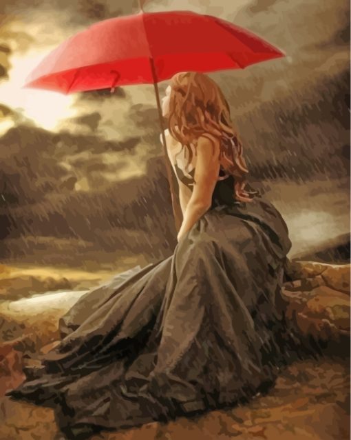 Woman Holding Red Umbrella Paint By Numbers