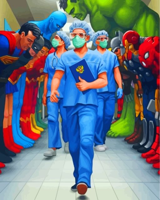 Superheroes Bowing To Nurses Paint By Numbers