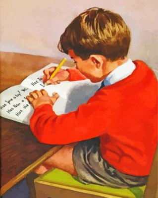 Vintage Boy Studying Paint By Numbers